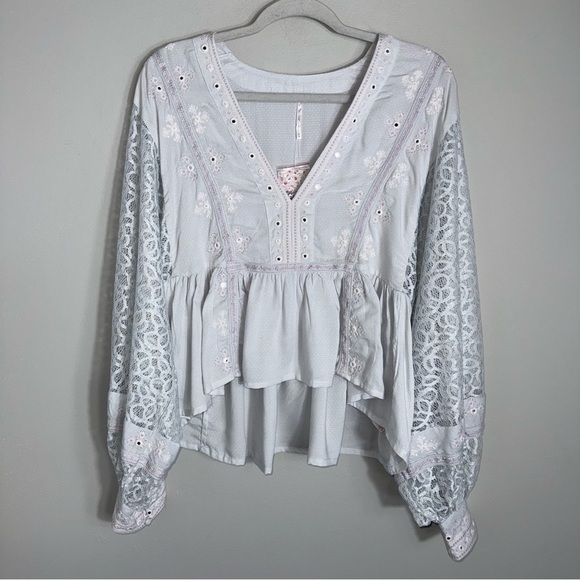 Free People Boogie All Night Blouse-Cropped Lace Balloon Sleeves-Boho-Blue-M-NWT - Picture 2 of 11